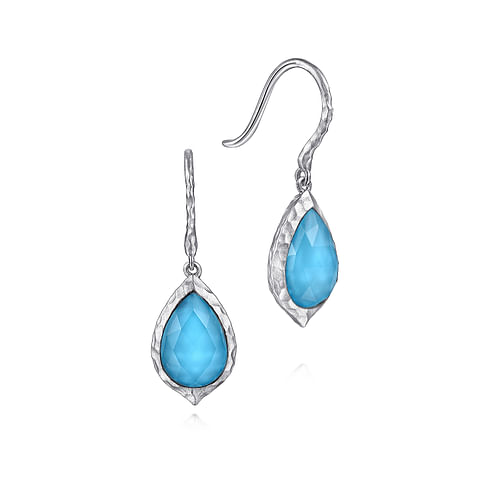 925 Sterling Silver Hammered Pear Shaped Rock Crystal/Turquoise Drop Earrings