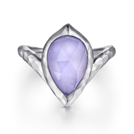 Gabriel - 925 Sterling Silver Hammered Pear Shaped Rock Crystal and Purple Jade Chevron Ring