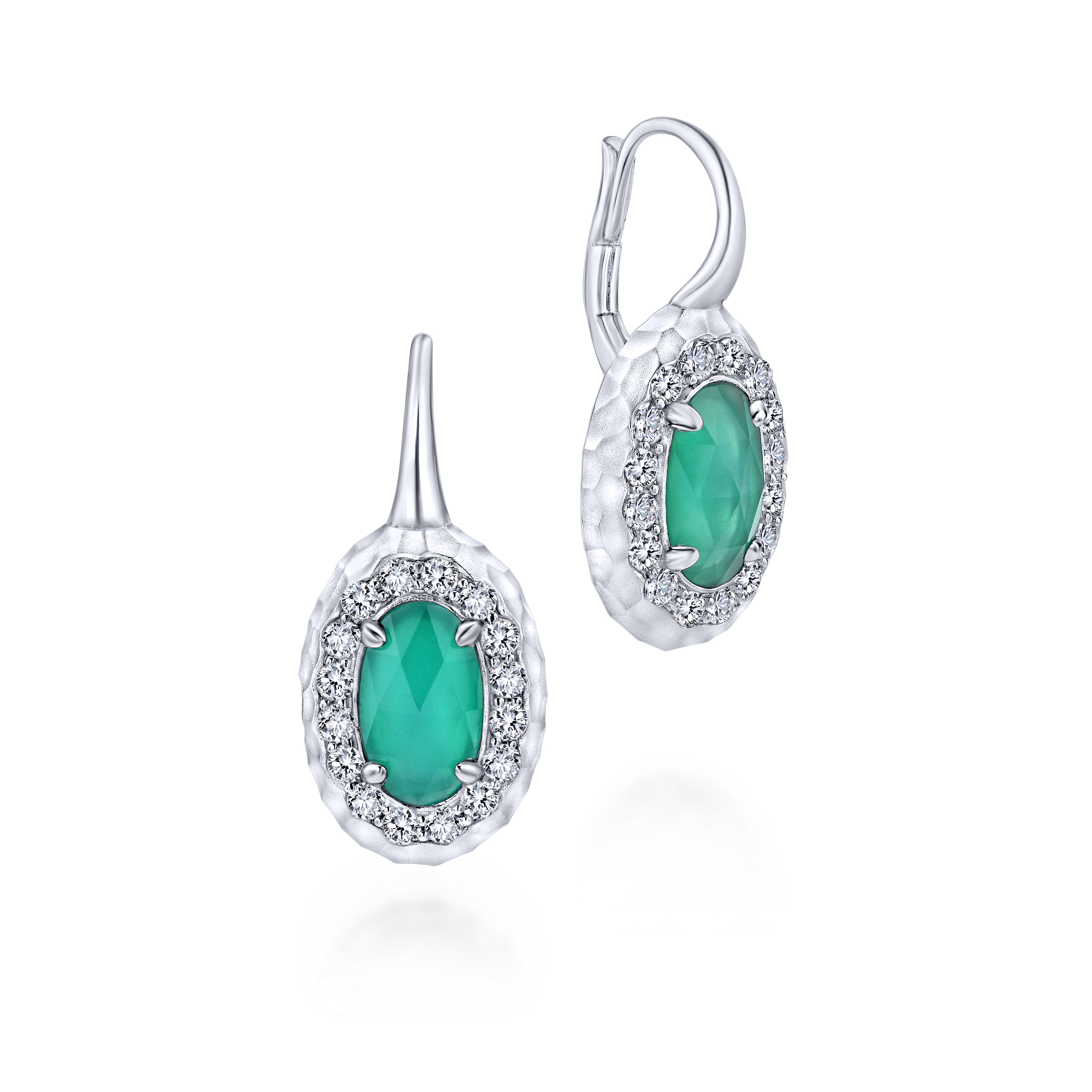 925 Sterling Silver Hammered Rock Crystal/Green Onyx and White Sapphire Halo Drop Earrings