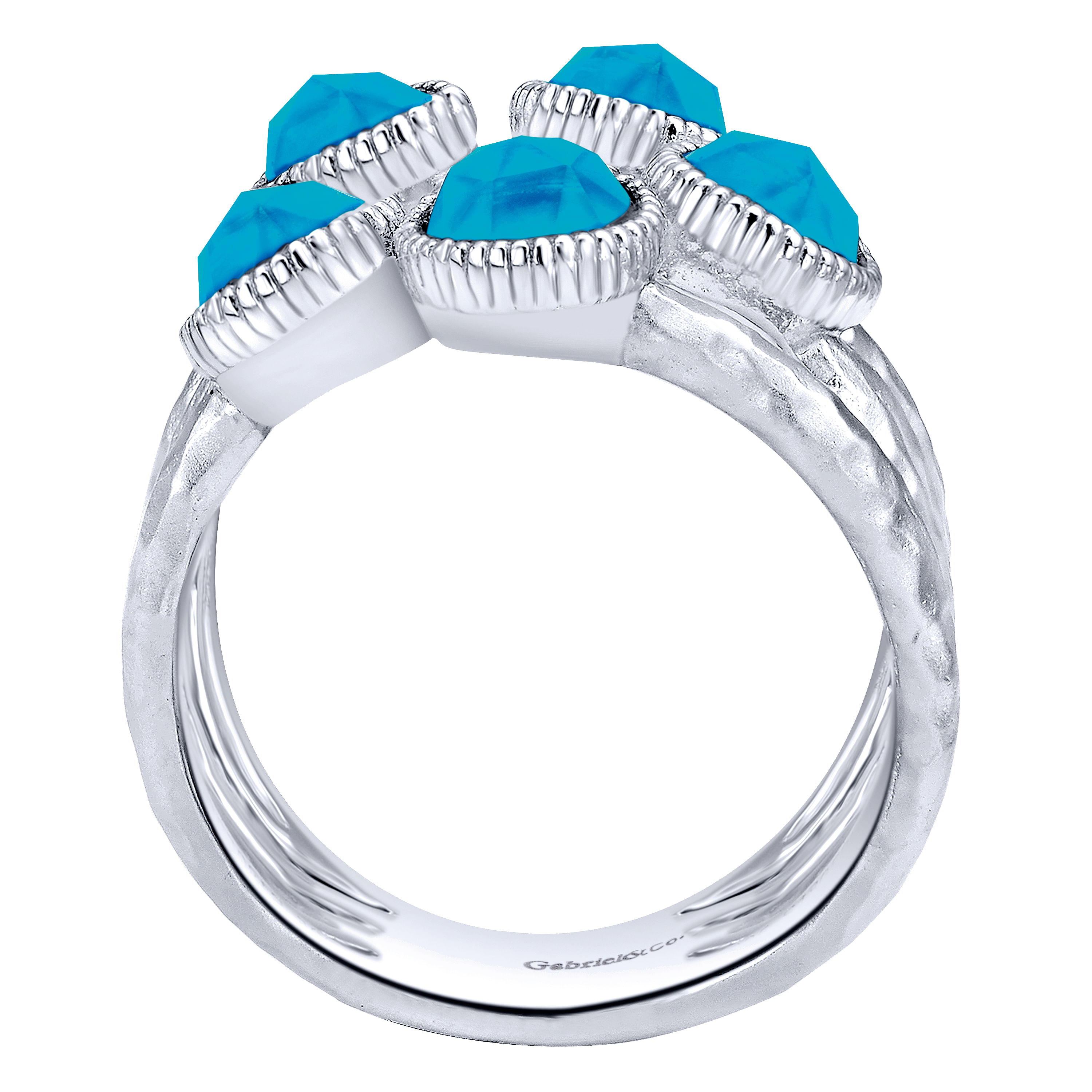 925 Sterling Silver Hammered Rock Crystal/Turquoise and White Sapphire Ring