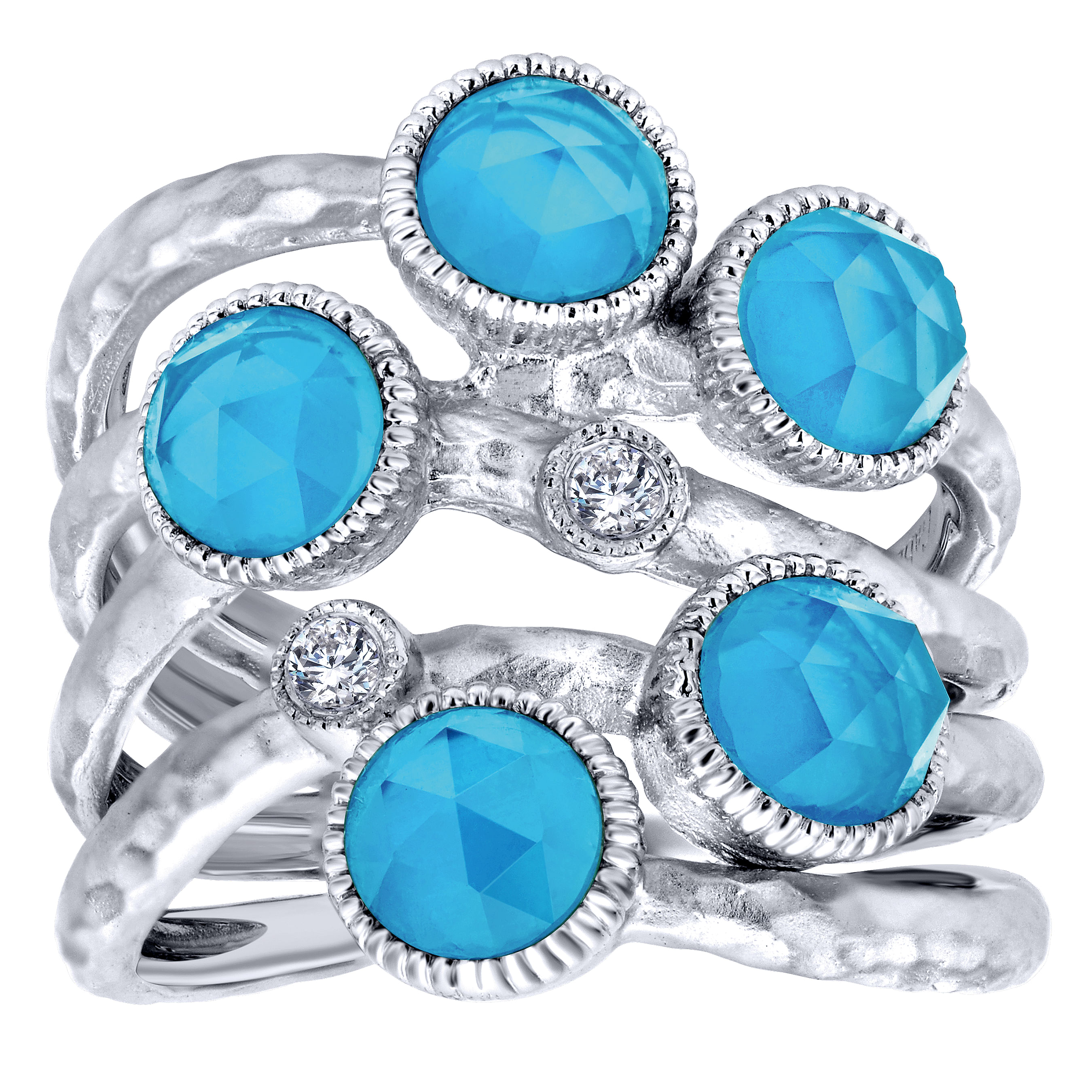 925 Sterling Silver Hammered Rock Crystal/Turquoise and White Sapphire Ring