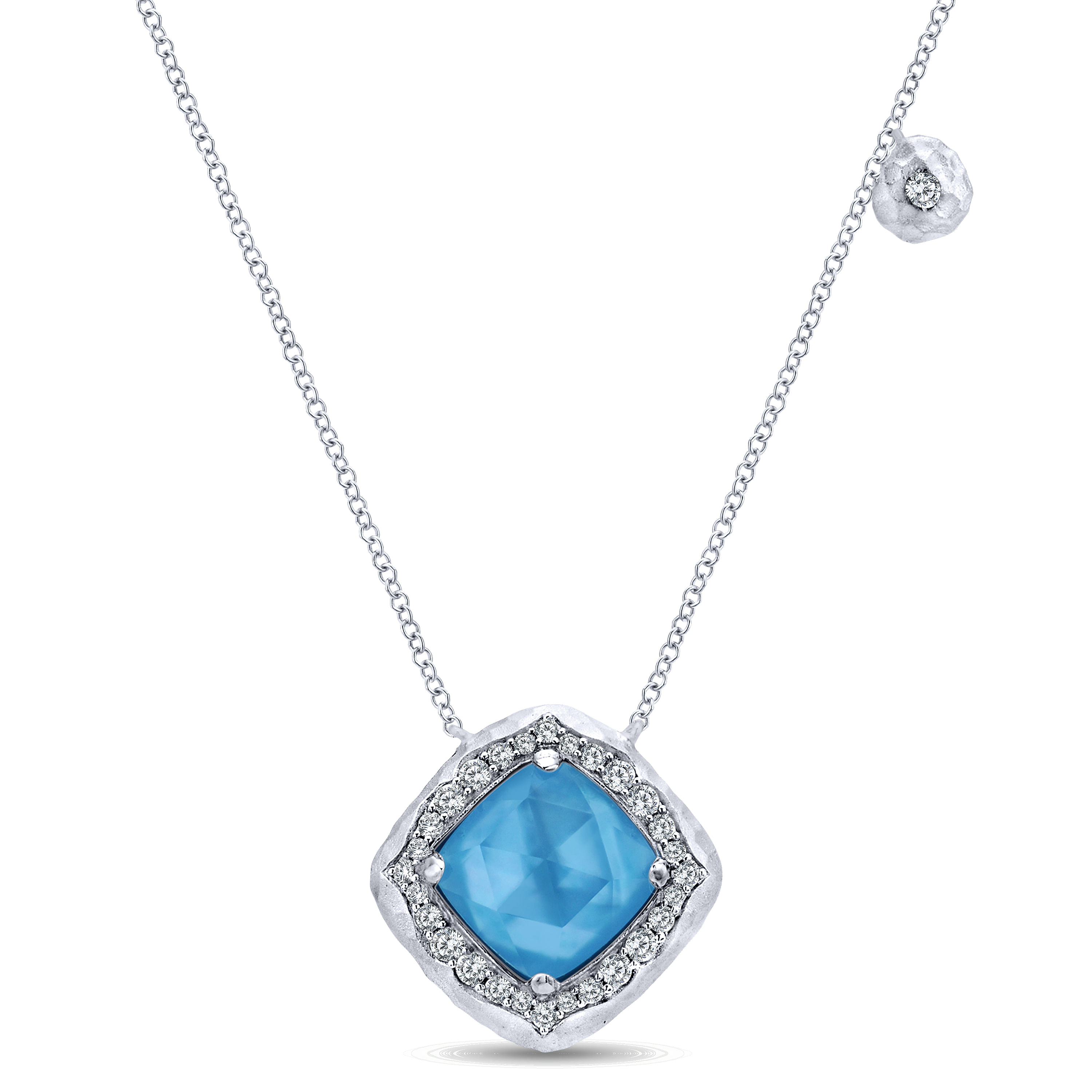 925 Sterling Silver Hammered Rock Crystal/White MOP/Turquoise and White Sapphire Pendant Necklace