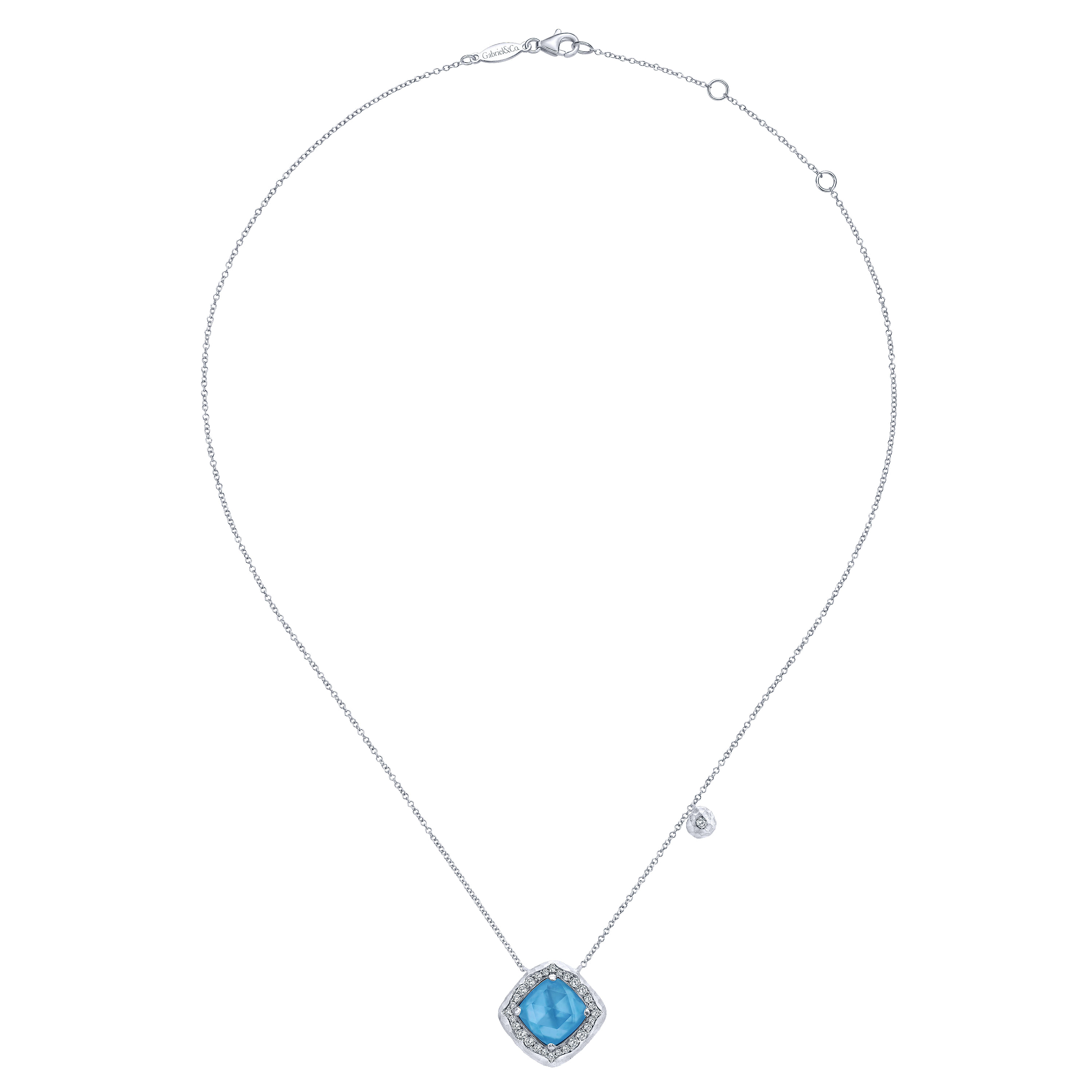 925 Sterling Silver Hammered Rock Crystal/White MOP/Turquoise and White Sapphire Pendant Necklace