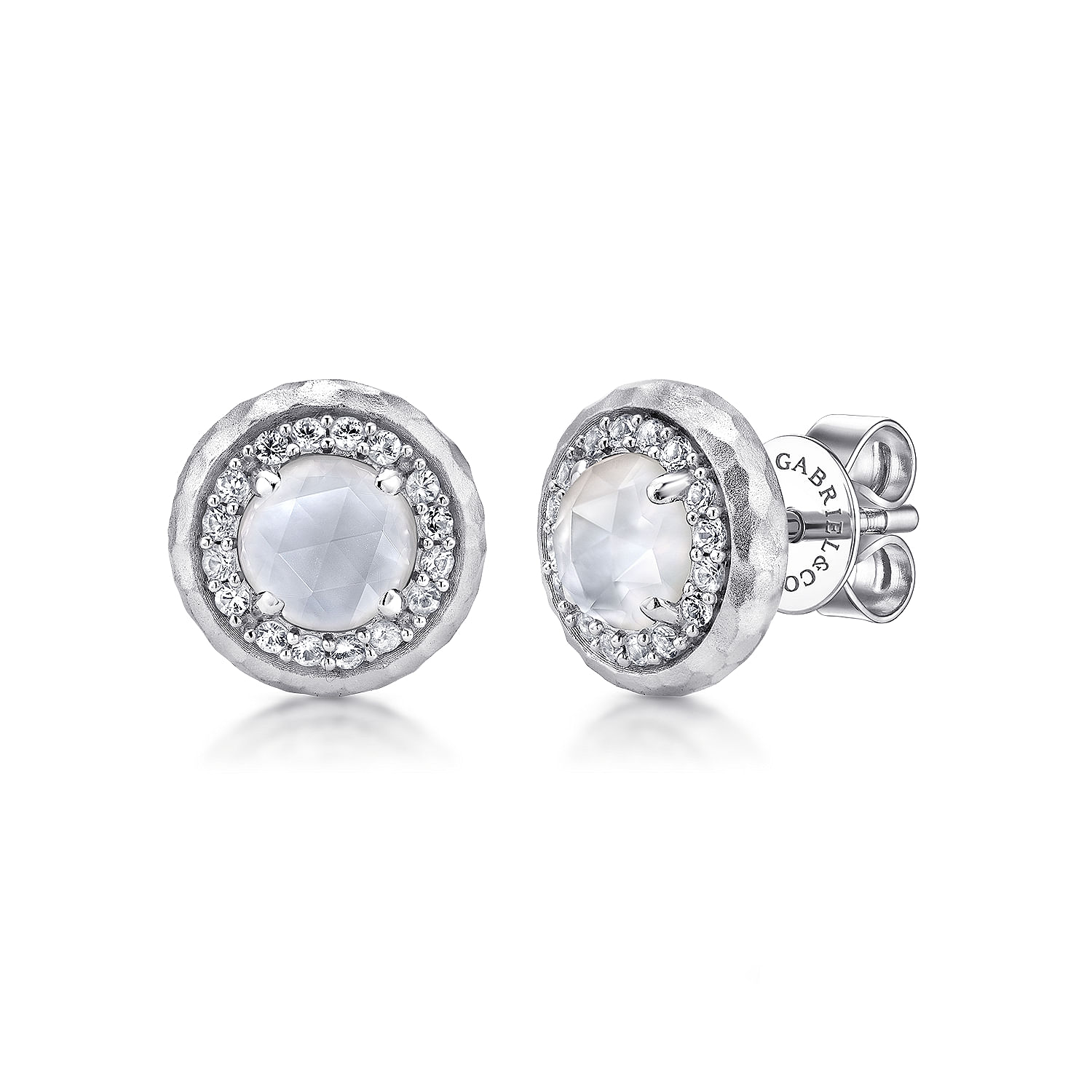 925 Sterling Silver Hammered Rock Crystal/White MOP and White Sapphire Halo Stud Earrings