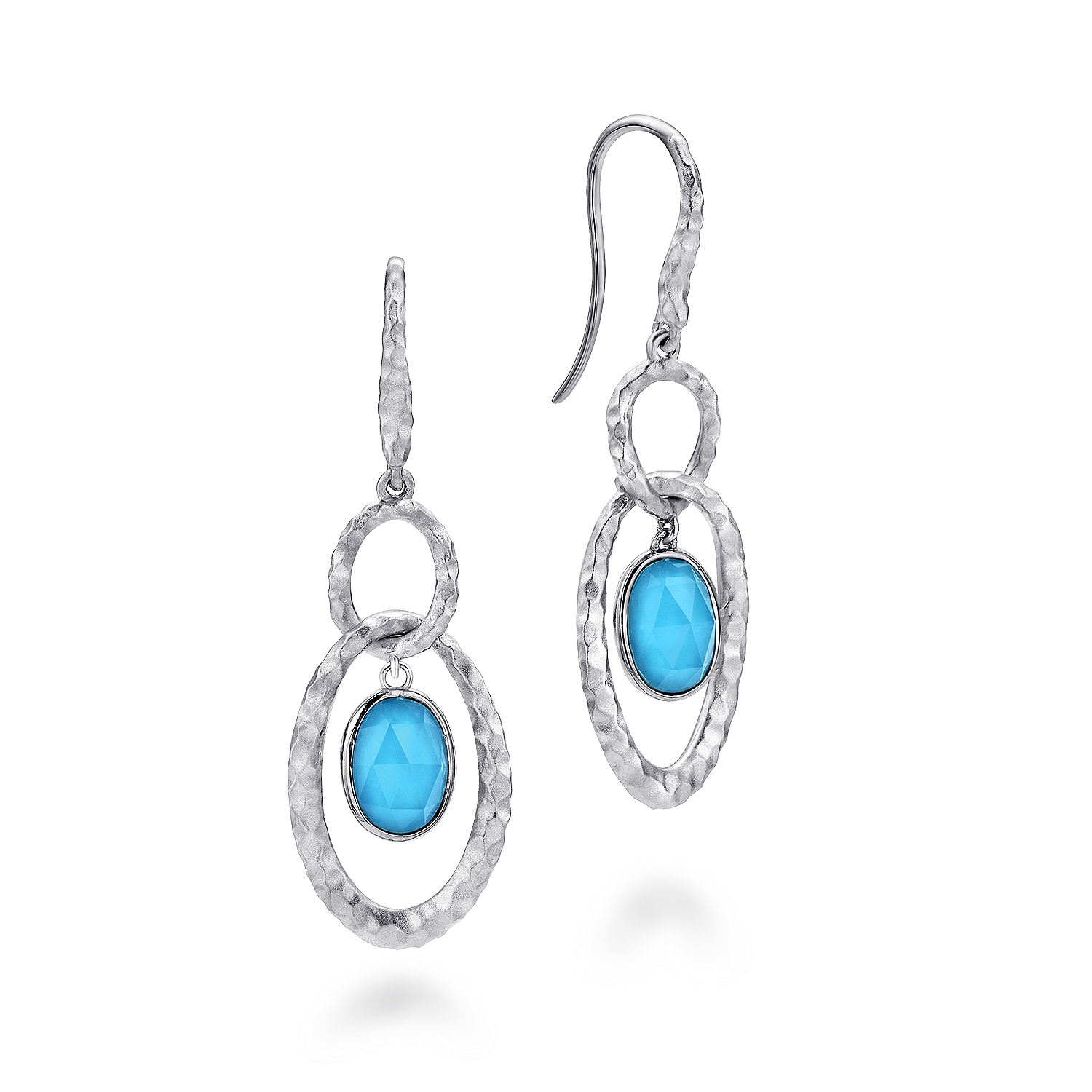 925 Sterling Silver Hammered Rock Crystal and Turquoise Drop Earrings