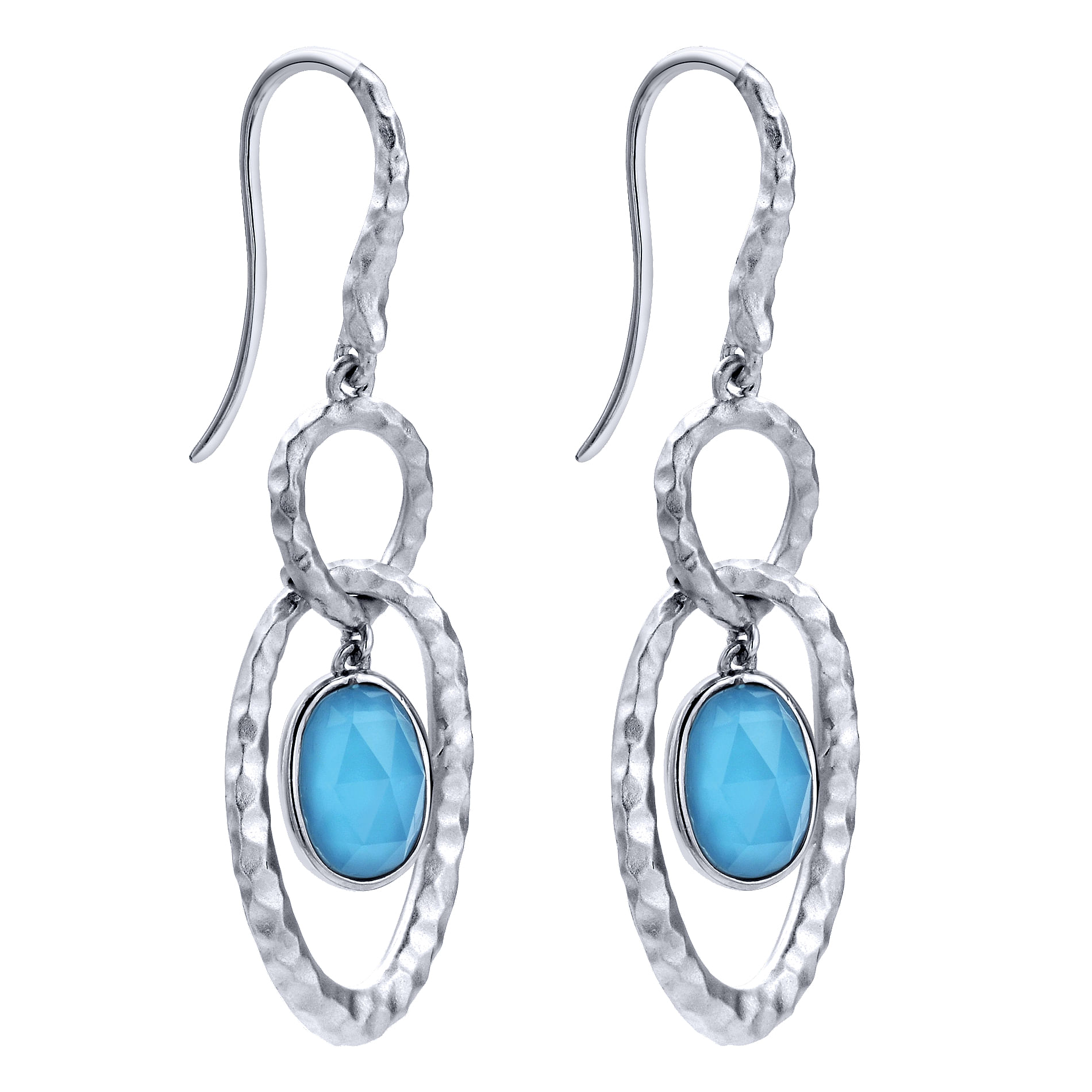 925 Sterling Silver Hammered Rock Crystal and Turquoise Drop Earrings