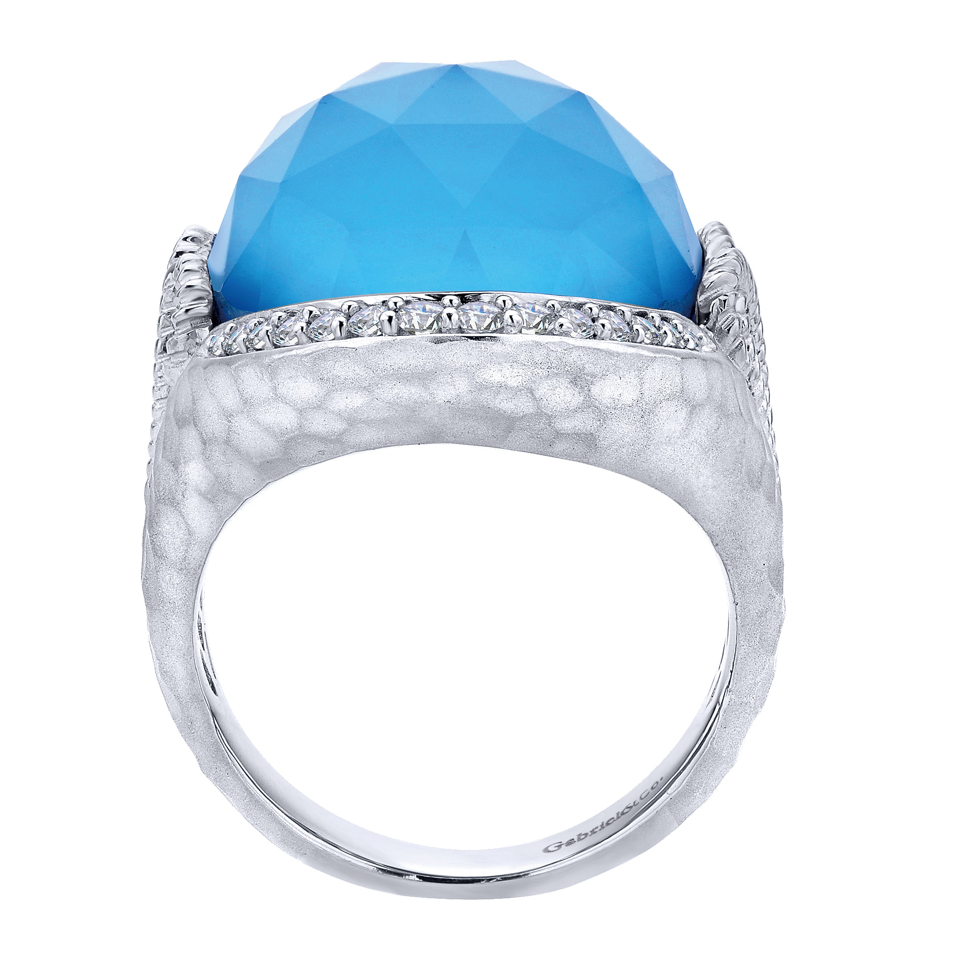 925 Sterling Silver Hammered Rock Crystal and Turquoise and White Sapphire Ring