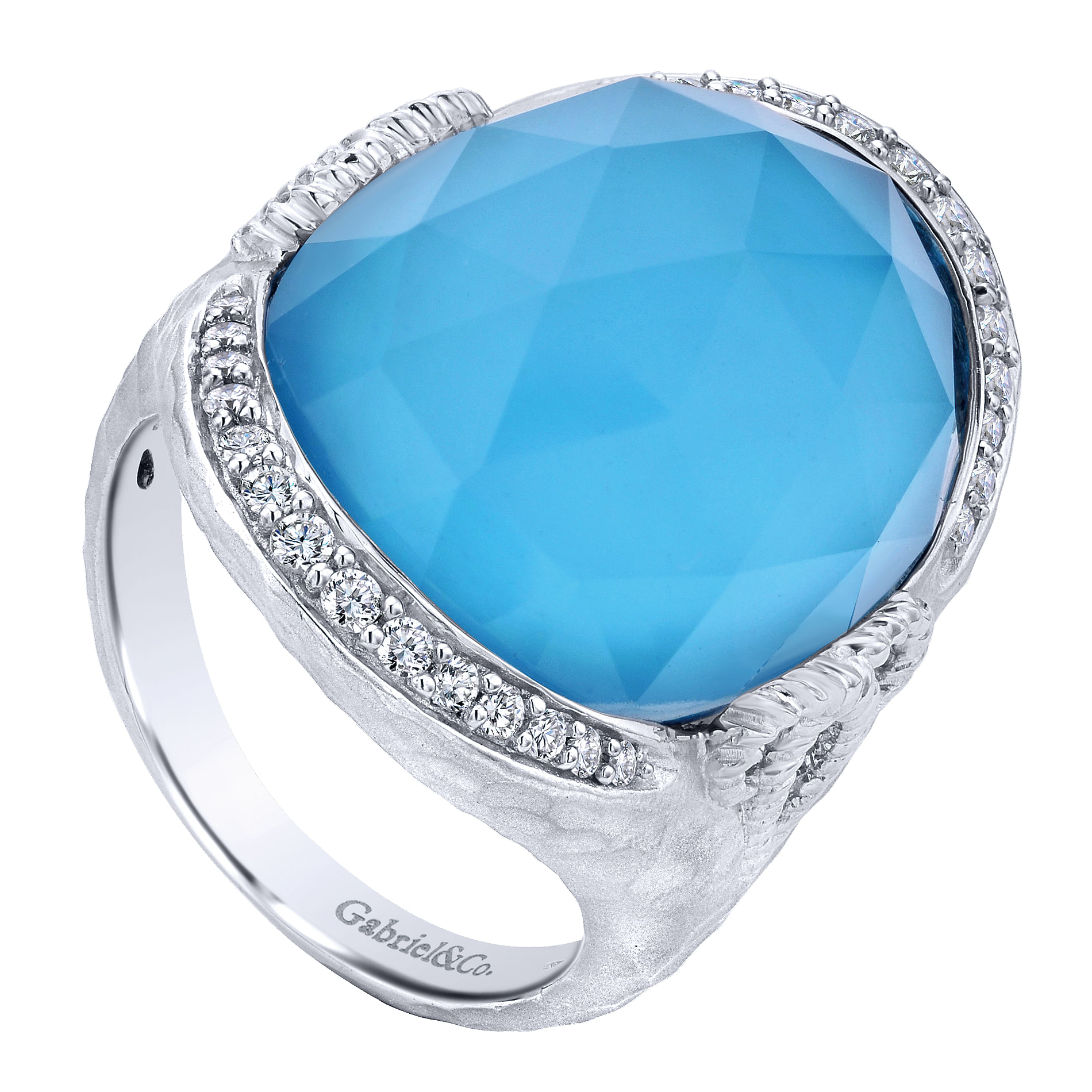925 Sterling Silver Hammered Rock Crystal and Turquoise and White Sapphire Ring