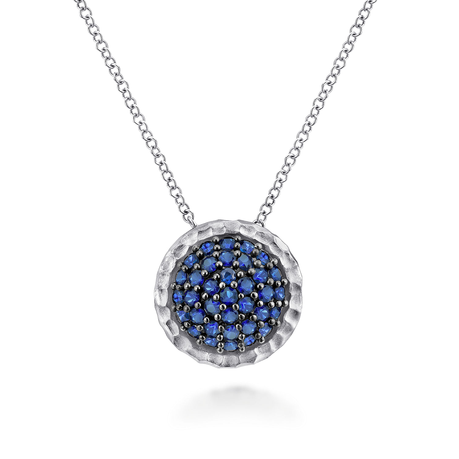 Gabriel - 925 Sterling Silver Hammered Round Sapphire Pendant Necklace