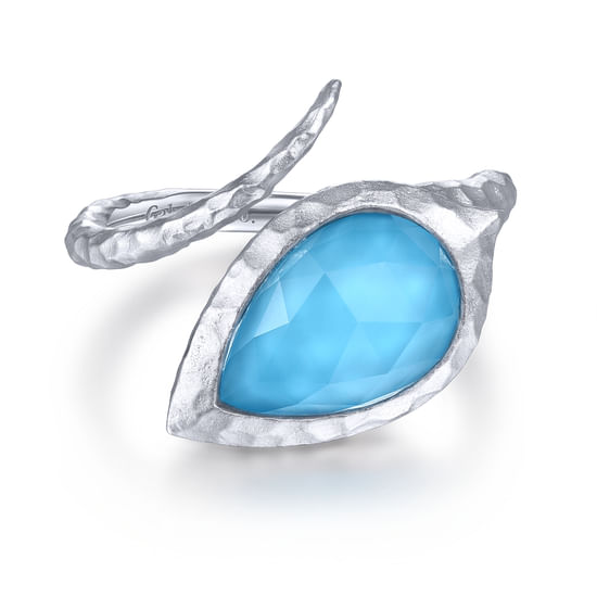 Gabriel - 925 Sterling Silver Hammered Split Ring with Pear Shape Rock Crystal/Turquoise Stone