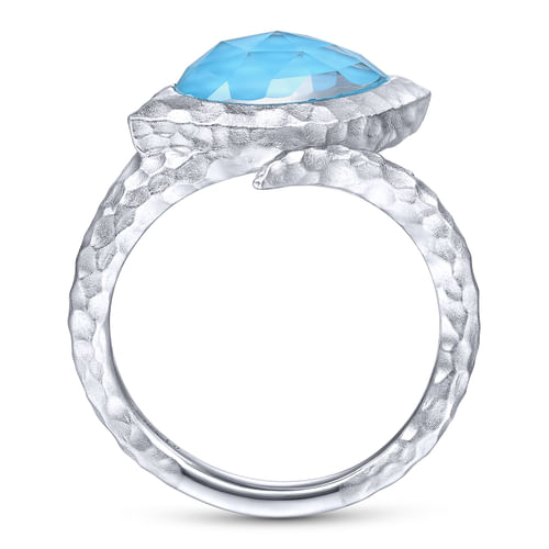 925 Sterling Silver Hammered Split Ring with Pear Shape Rock Crystal/Turquoise Stone