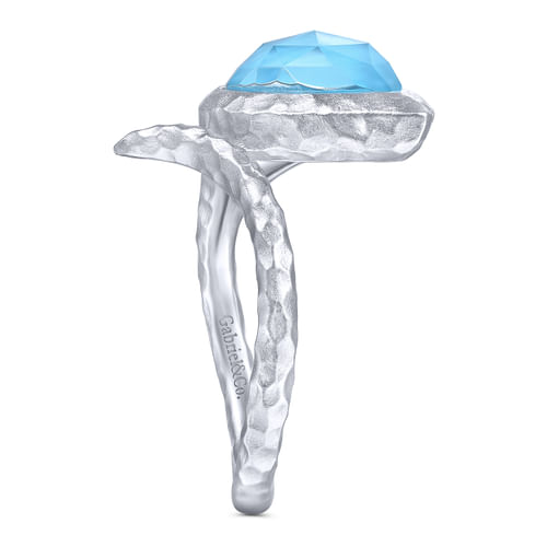 925 Sterling Silver Hammered Split Ring with Pear Shape Rock Crystal/Turquoise Stone