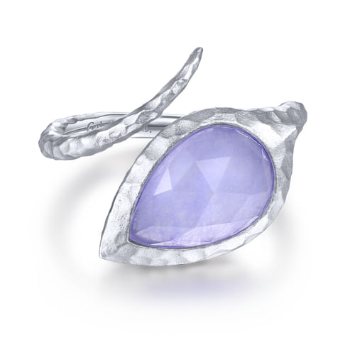 925 Sterling Silver Hammered Split Ring with Rock Crystal/Purple Jade Stone