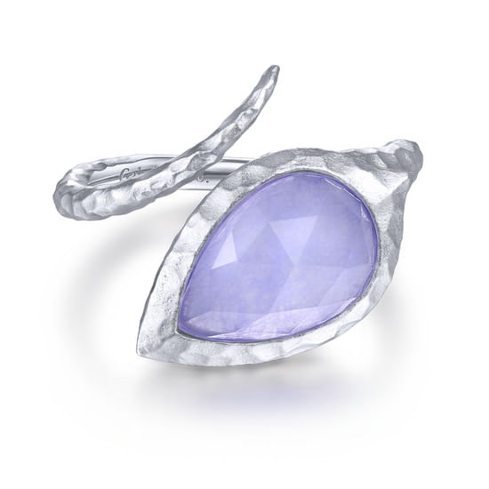 Gabriel - 925 Sterling Silver Hammered Split Ring with Rock Crystal/Purple Jade Stone