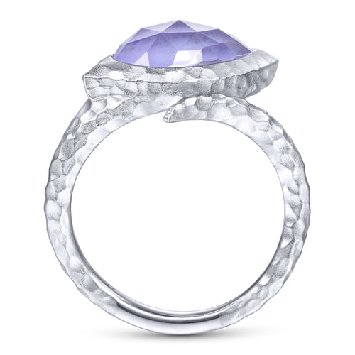 925 Sterling Silver Hammered Split Ring with Rock Crystal/Purple Jade Stone