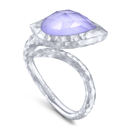 925 Sterling Silver Hammered Split Ring with Rock Crystal/Purple Jade Stone
