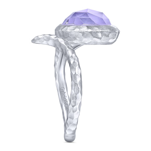 925 Sterling Silver Hammered Split Ring with Rock Crystal/Purple Jade Stone
