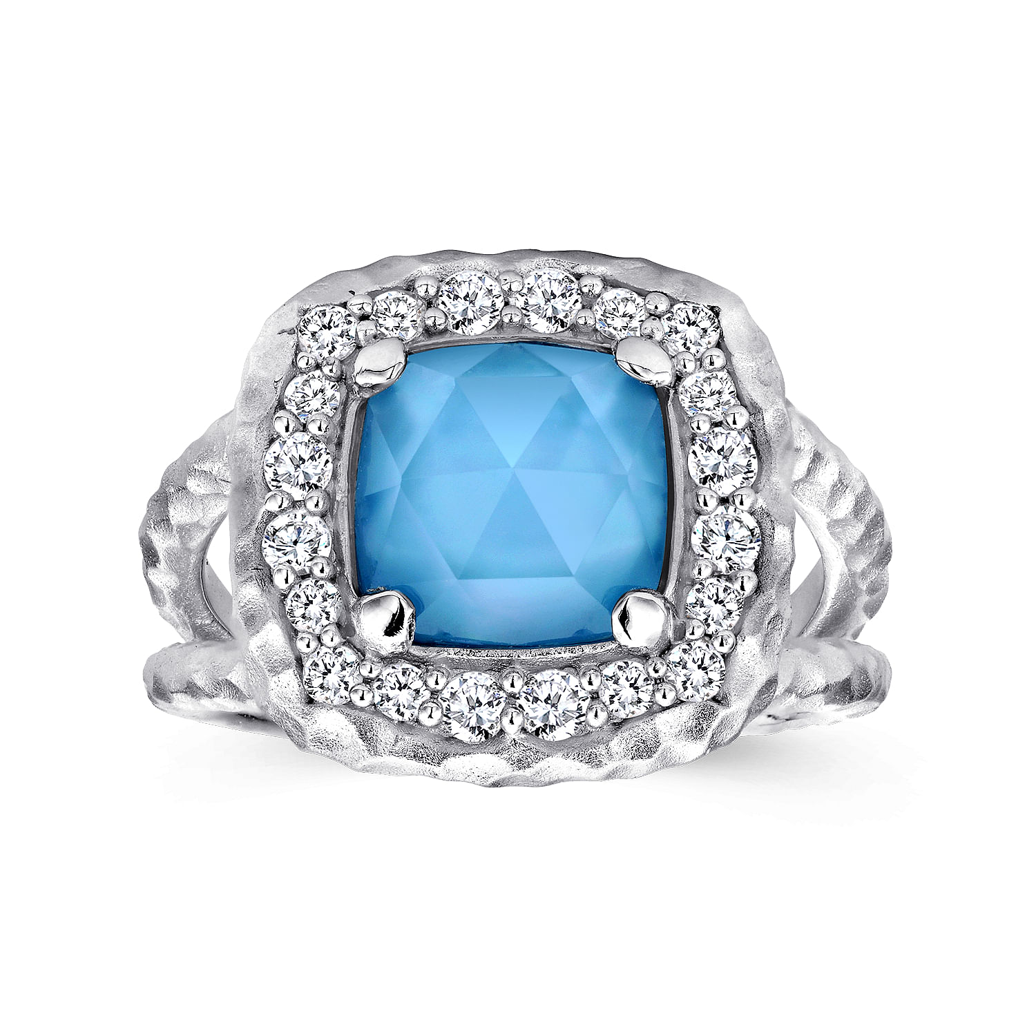 925 Sterling Silver Hammered Split Shank Turquoise/Rock Crystal Ring