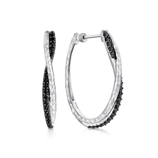 Gabriel - 925 Sterling Silver Hammered Twisted 35mm Black Spinel Hoop Earrings