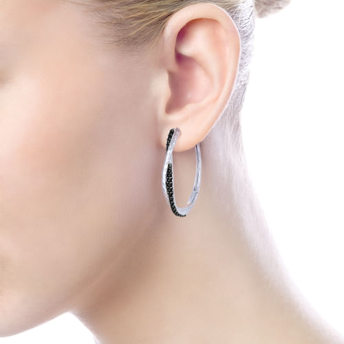 925 Sterling Silver Hammered Twisted 35mm Black Spinel Hoop Earrings
