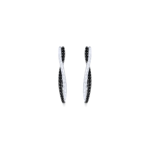 925 Sterling Silver Hammered Twisted 35mm Black Spinel Hoop Earrings