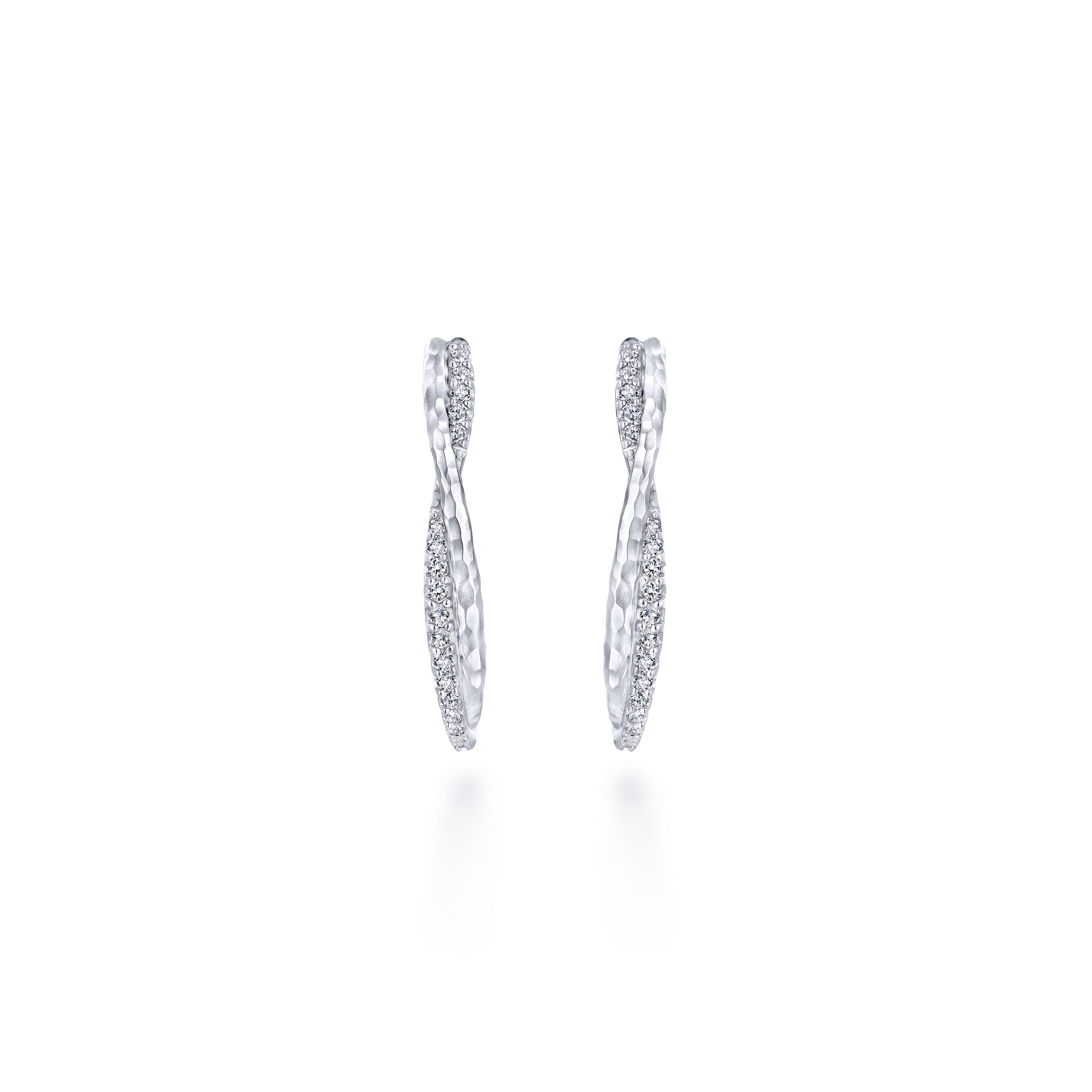 925 Sterling Silver Hammered Twisted 35mm White Sapphire Hoop Earrings