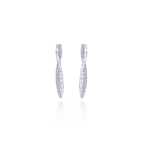 925 Sterling Silver Hammered Twisted 35mm White Sapphire Hoop Earrings