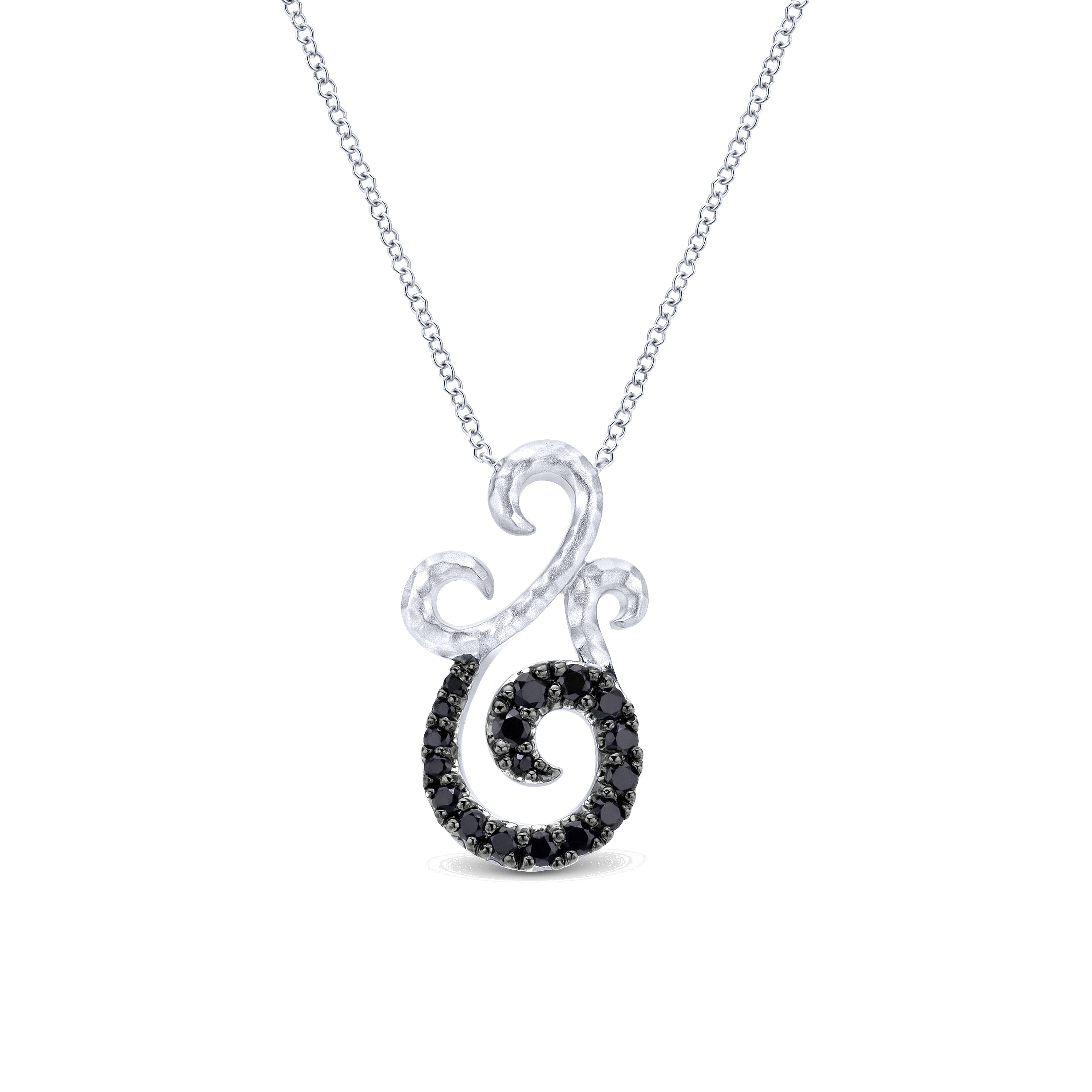 925 Sterling Silver Hammered Twisted Black Spinel Pendant Necklace