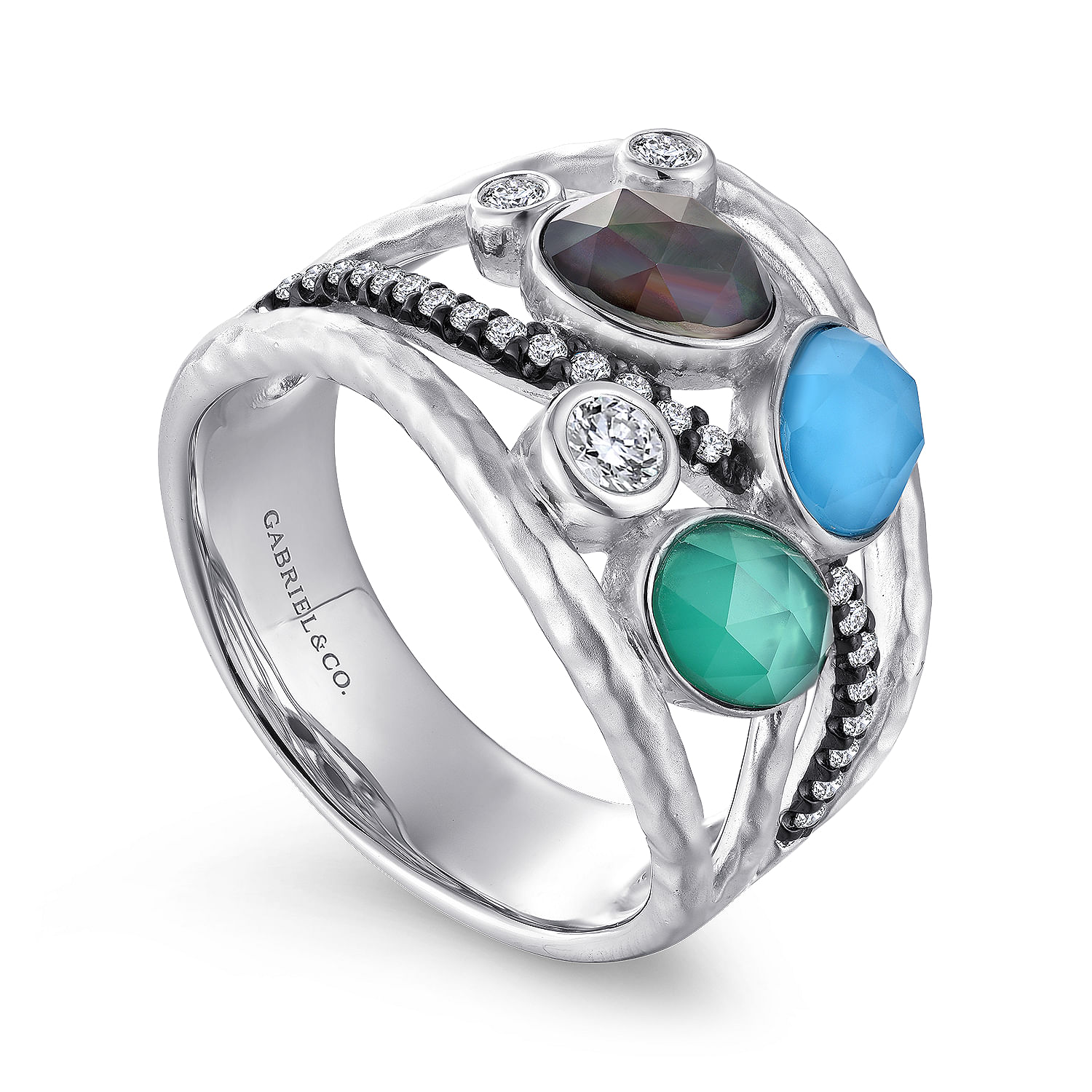 925 Sterling Silver Hammered Wide Band Multi Color Stones Ring