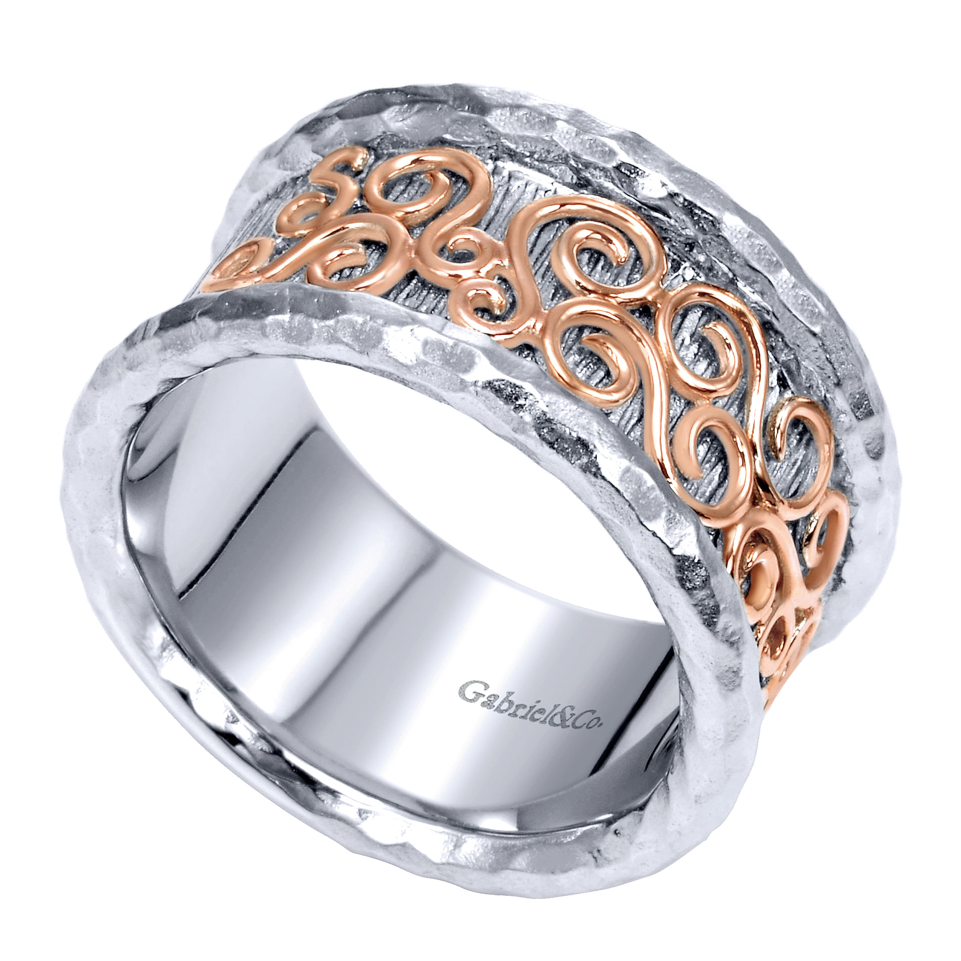 925 Sterling Silver Hammered Wide Band with 14K Rose Gold Scrollwork