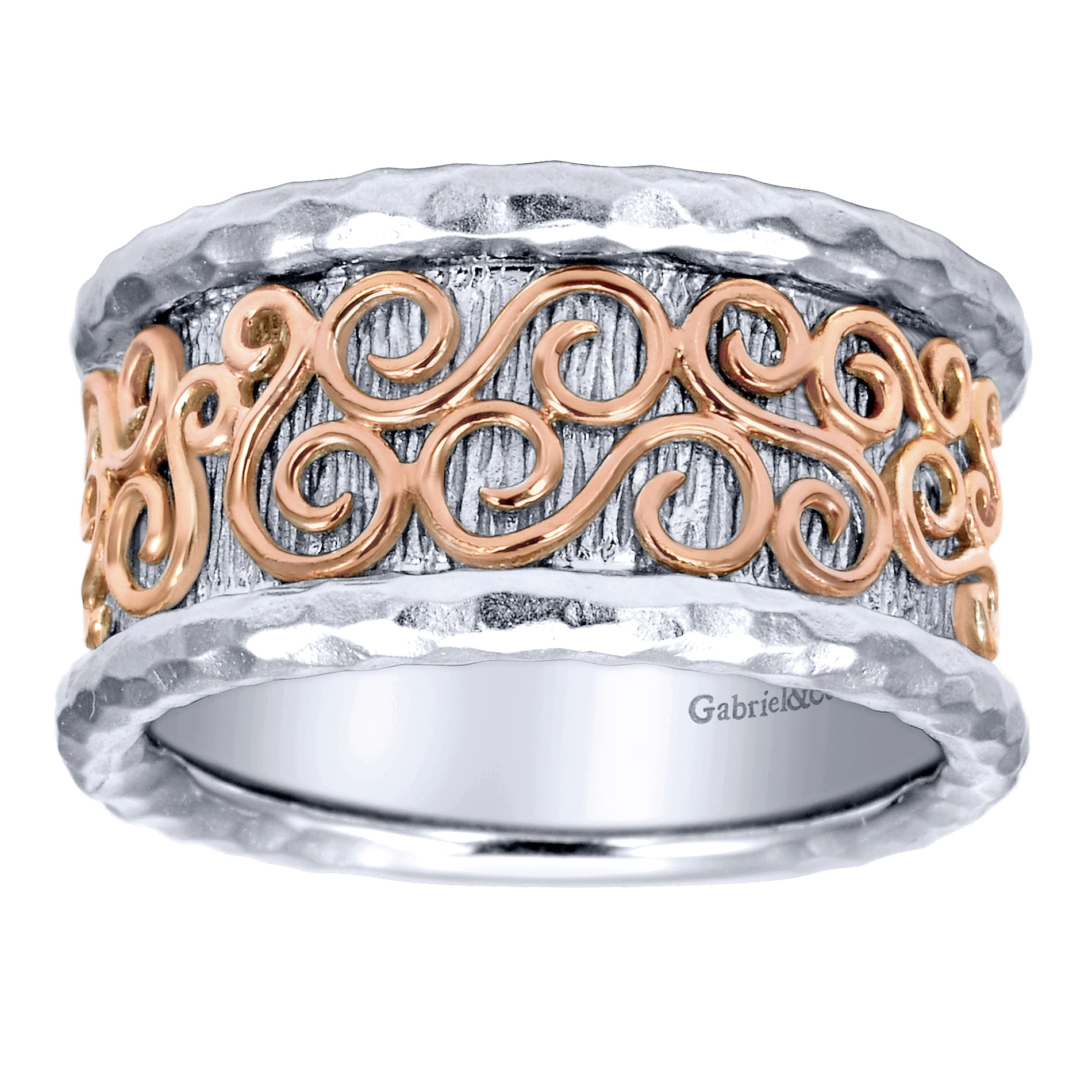 925 Sterling Silver Hammered Wide Band with 14K Rose Gold Scrollwork