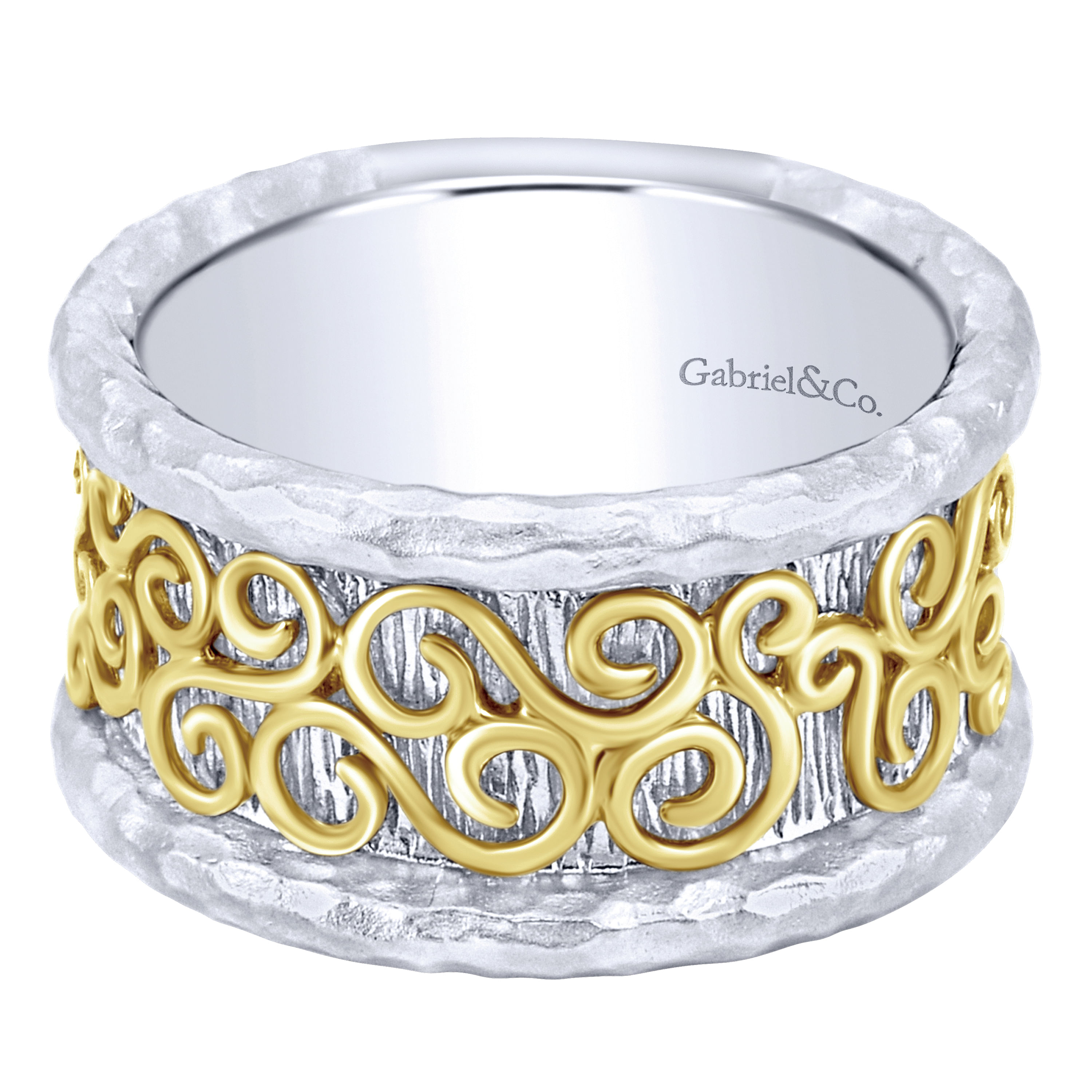 925 Sterling Silver Hammered Wide Band with 14K Yellow Gold Scrollwork