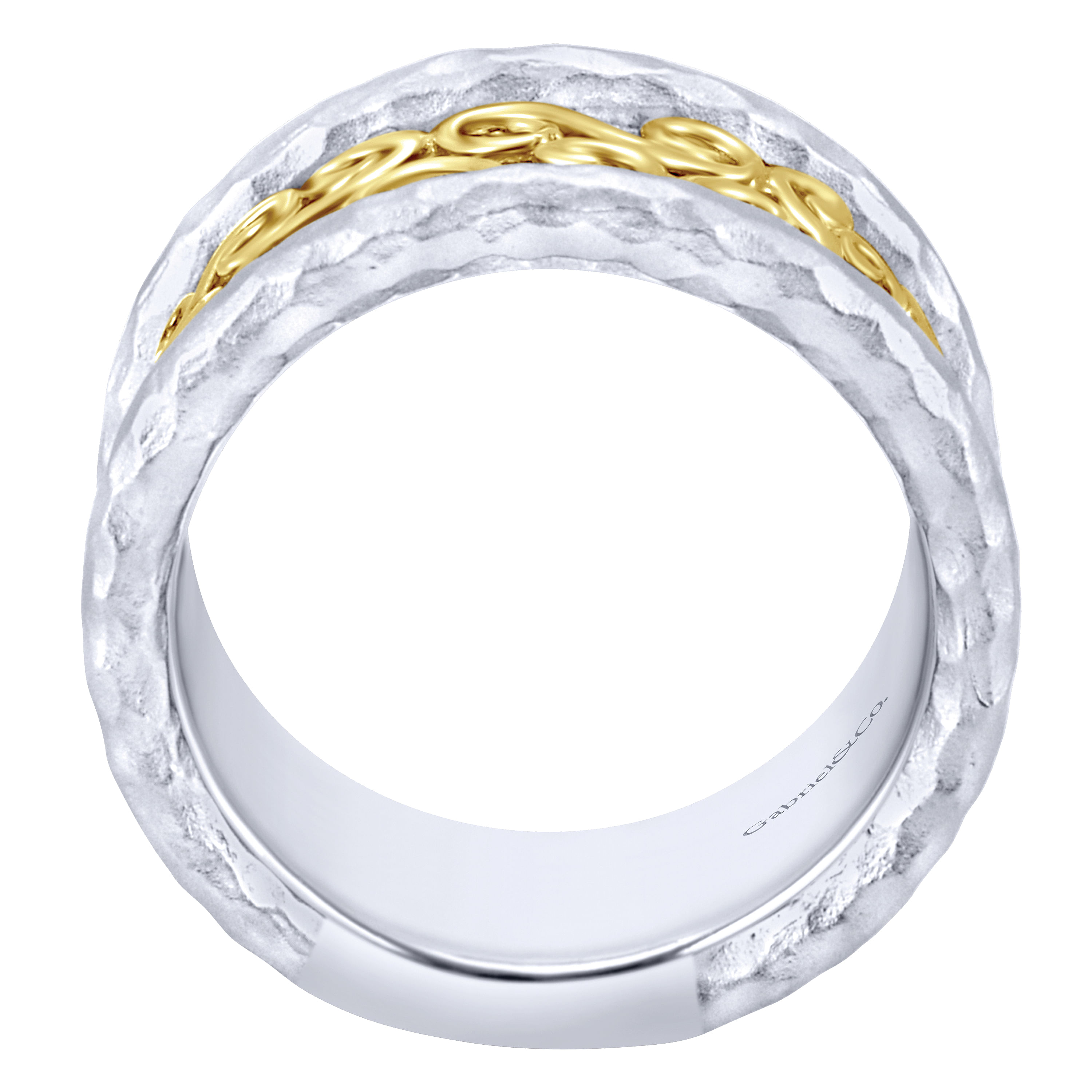 925 Sterling Silver Hammered Wide Band with 14K Yellow Gold Scrollwork