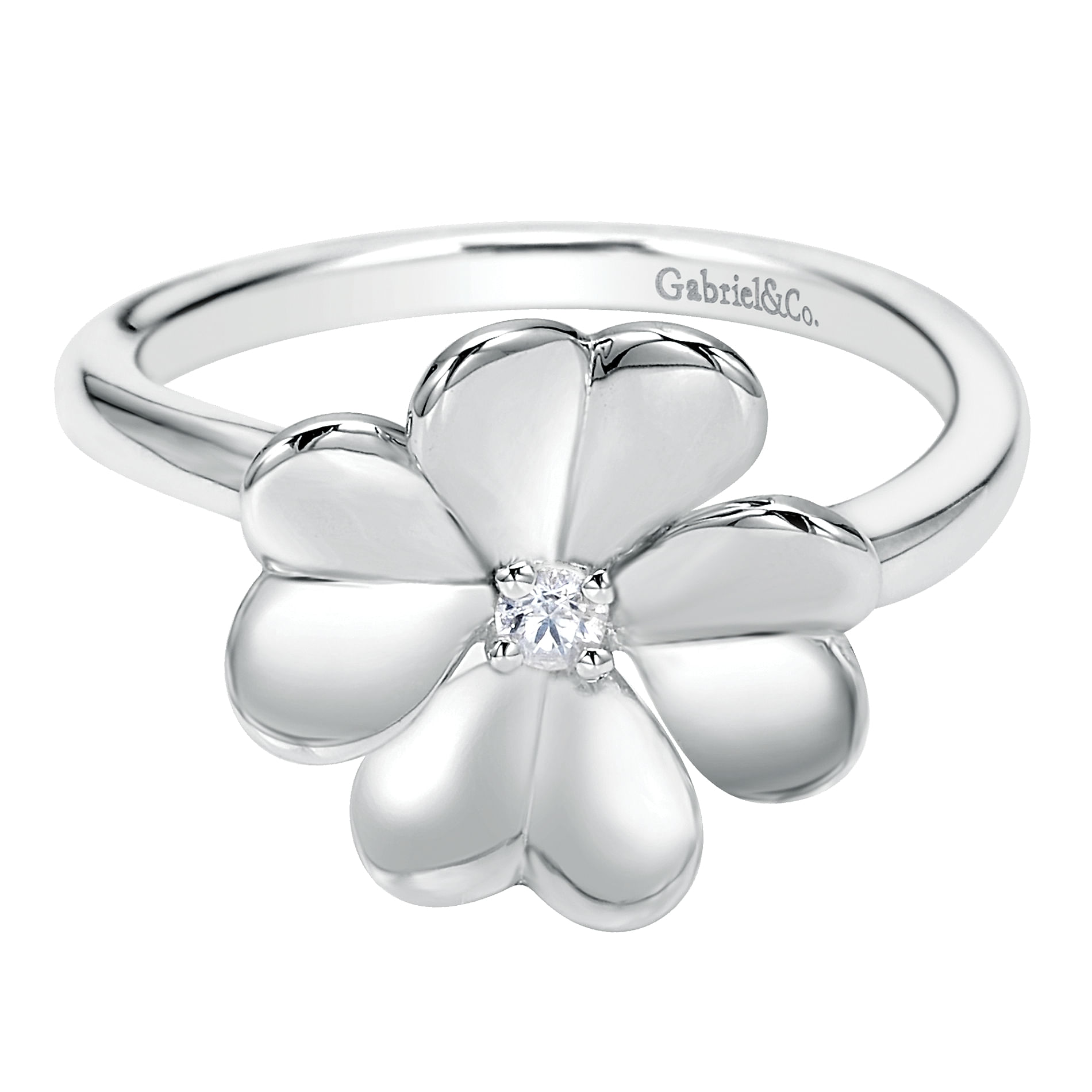 925 Sterling Silver High Polished Flower with White Sapphire Ring