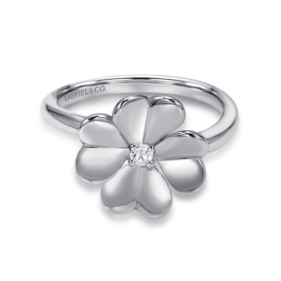 Gabriel - 925 Sterling Silver High Polished Flower with White Sapphire Ring