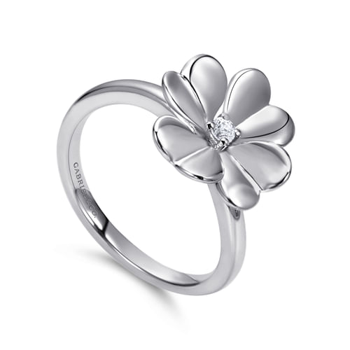 925 Sterling Silver High Polished Flower with White Sapphire Ring
