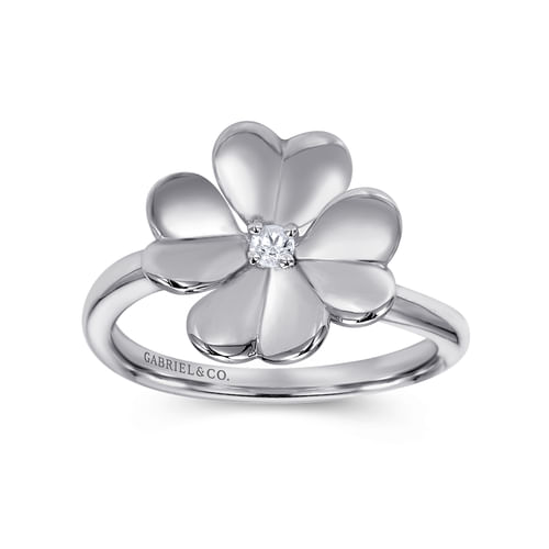 925 Sterling Silver High Polished Flower with White Sapphire Ring