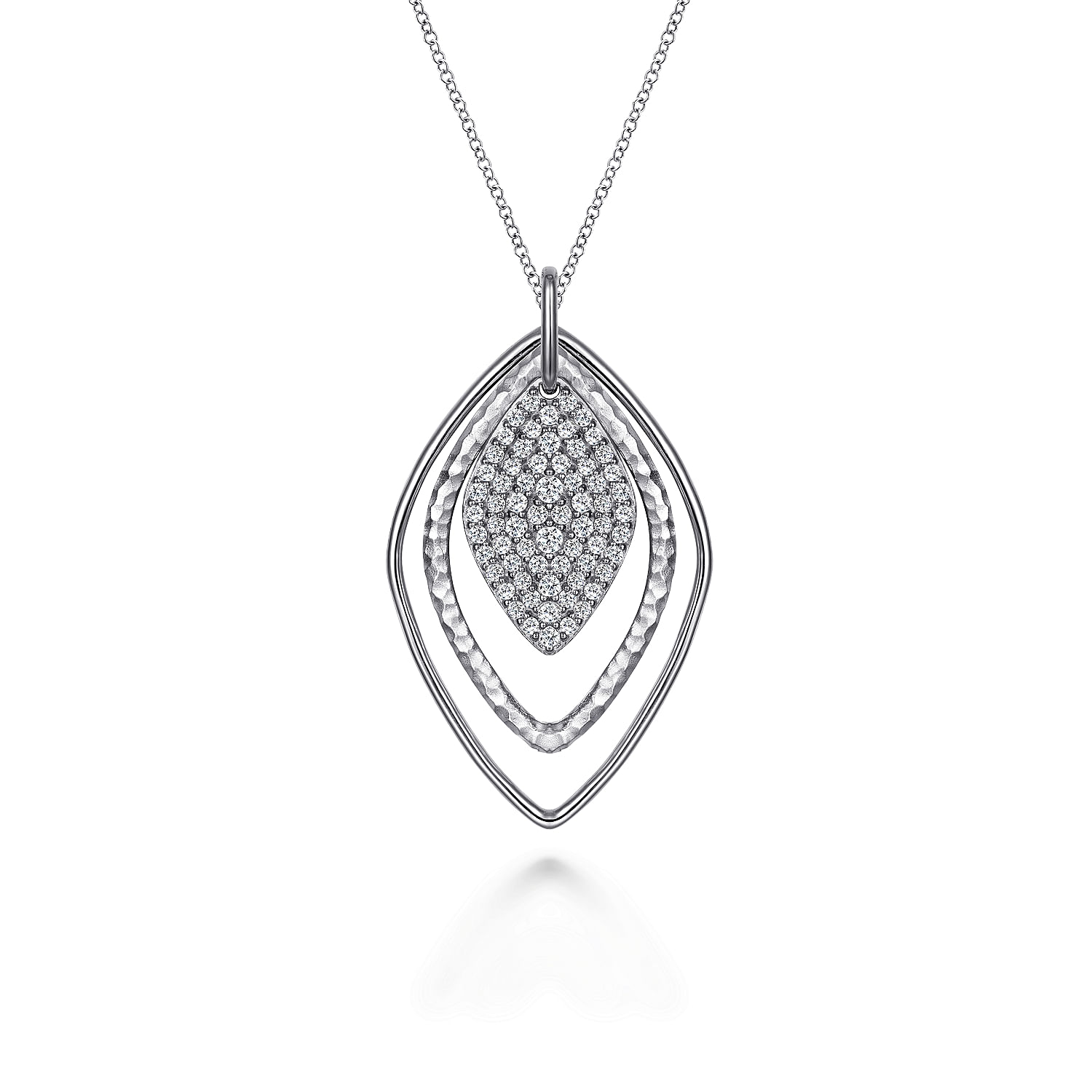 925 Sterling Silver Layered Rhombus Pendant Necklace with White Sapphire Pavé Drop