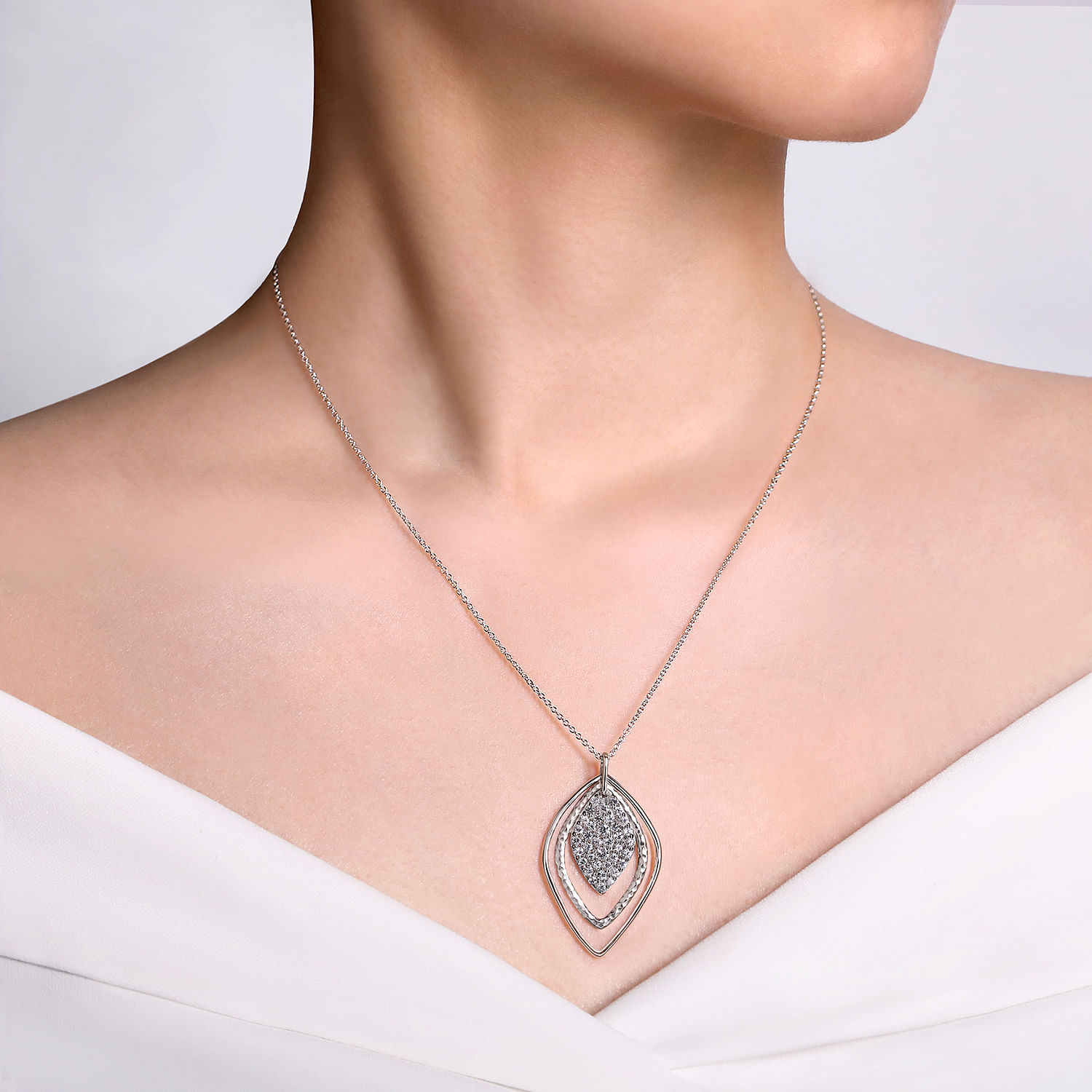 925 Sterling Silver Layered Rhombus Pendant Necklace with White Sapphire Pavé Drop