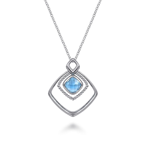 925 Sterling Silver Layered Squares Pendant Necklace with Blue Topaz Drop