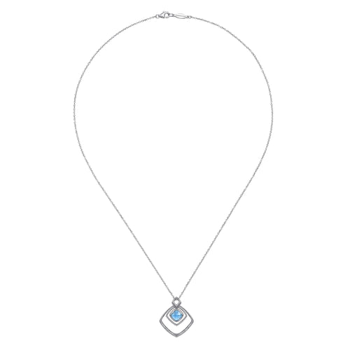 925 Sterling Silver Layered Squares Pendant Necklace with Blue Topaz Drop