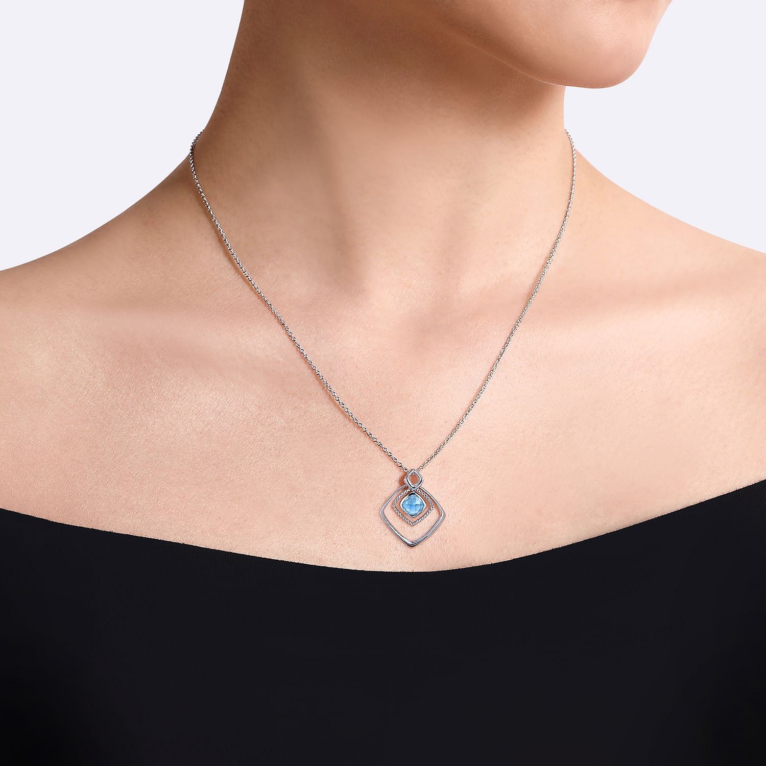 925 Sterling Silver Layered Squares Pendant Necklace with Blue Topaz Drop