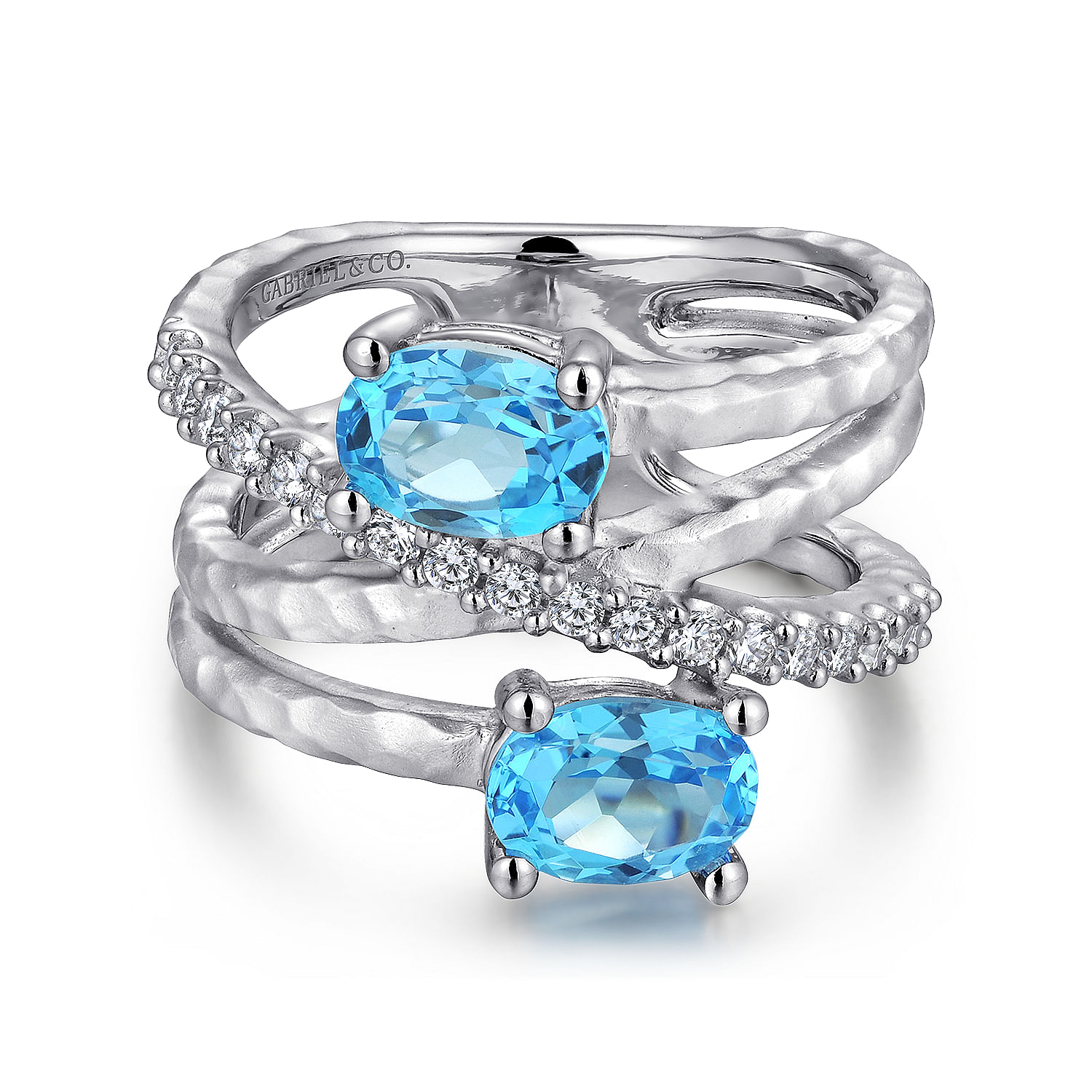 Gabriel - 925 Sterling Silver Multi Row Blue Topaz and White Sapphire Twisted Ring