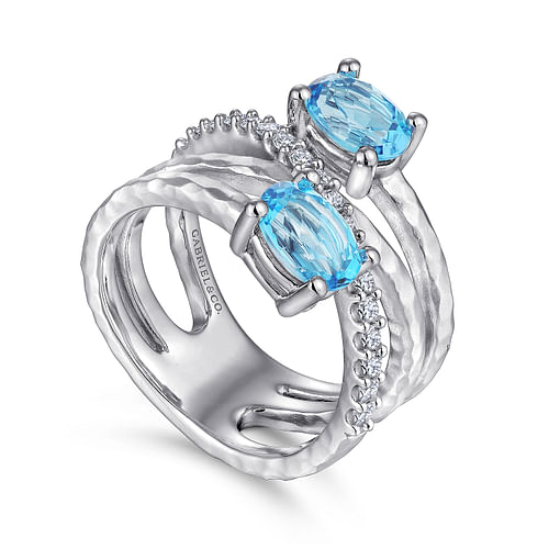 925 Sterling Silver Multi Row Blue Topaz and White Sapphire Twisted Ring