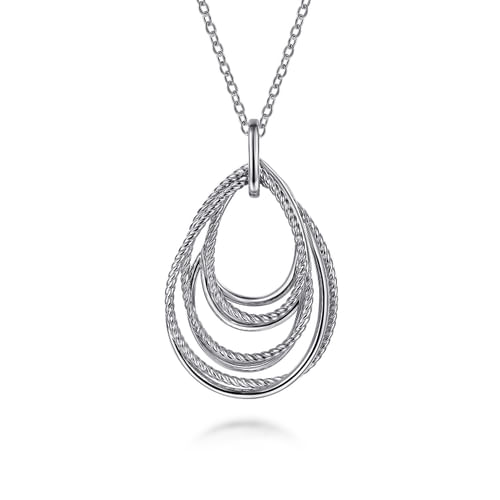 925 Sterling Silver Multi Row of Rope Teardrop Pendant Necklace