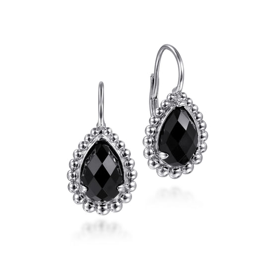 Gabriel - 925 Sterling Silver Onyx Bujukan Pear Shape Leverback Earrings With Pattern