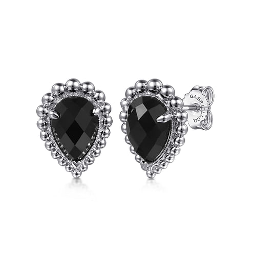 925 Sterling Silver Onyx Bujukan Pear Shape Stud Earrings With Pattern