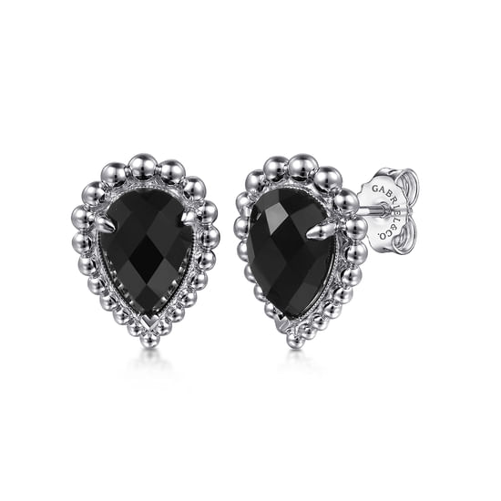 Gabriel - 925 Sterling Silver Onyx Bujukan Pear Shape Stud Earrings With Pattern