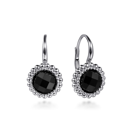 Gabriel - 925 Sterling Silver Onyx Bujukan Round Shape Leverback Earrings With Pattern