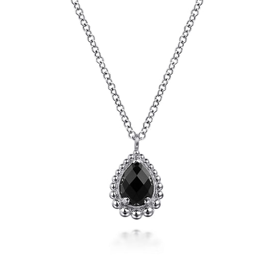 Gabriel - 925 Sterling Silver Onyx Bujukan Teardrop Necklace With Pattern